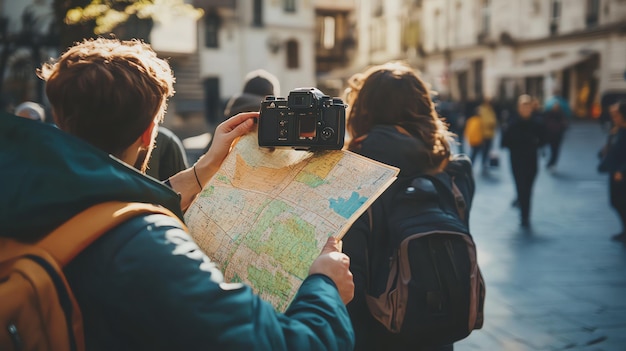 Photo tourists in a european city looking at a map while holding a camera