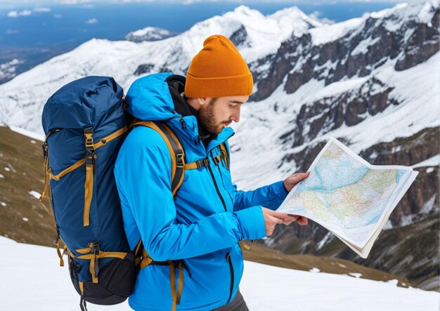 Photo tourists on a mountain hike with a map and a backpack