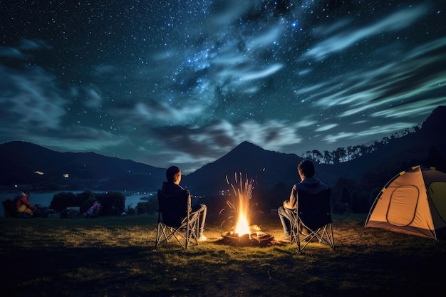 Tourists sit around a brightly blazing campfire near tents under a night sky filled with bright stars