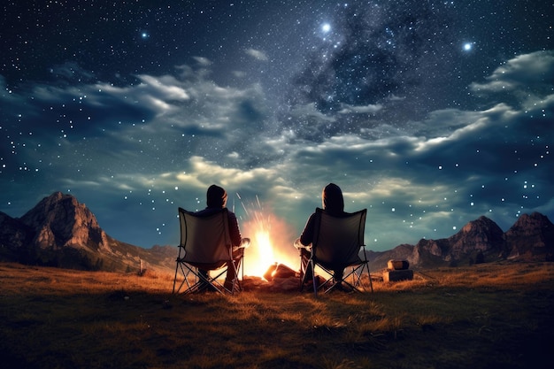 Tourists sit around a brightly blazing campfire near tents under a night sky