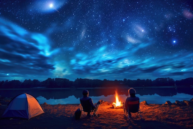 Tourists sit around a brightly blazing campfire near tents under a night sky