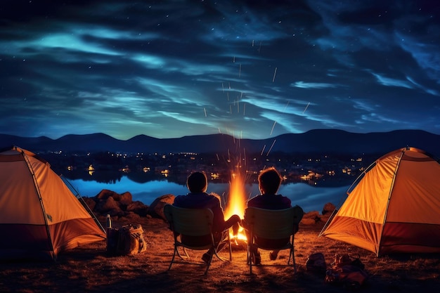 Tourists sit around a brightly blazing campfire near tents under a night sky