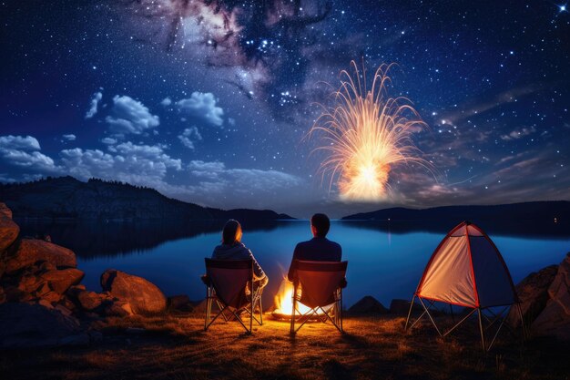 Tourists sit around a brightly blazing campfire near tents under a night sky