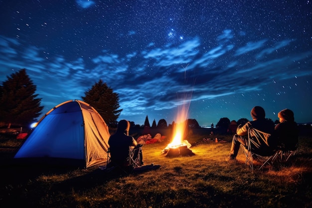 Tourists sit around a brightly blazing campfire near tents under a night sky