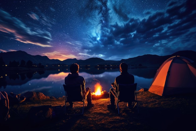 Tourists sit around a brightly blazing campfire near tents under a night sky