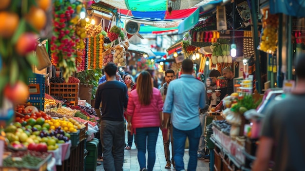 Tourists strolling through a vibrant local market tasting exotic foods and buying handmade crafts