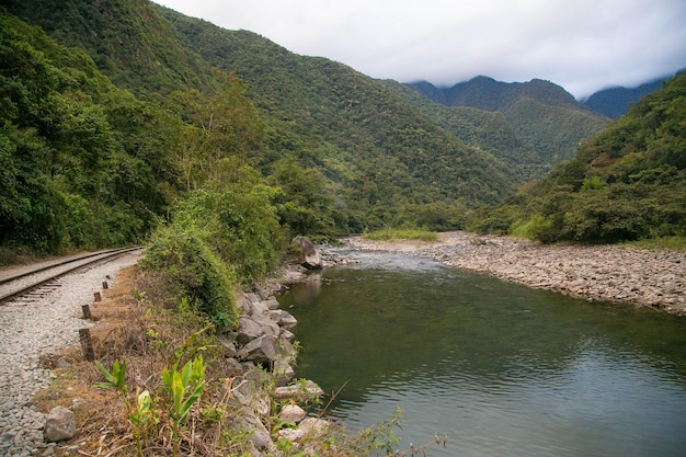 Tourists walking along the railway line towards Machupicchu from the hydroelectric plant.