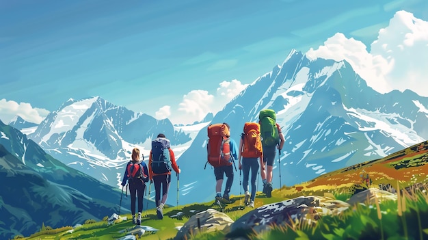 Photo tourists with hiking backpacks on beautiful mountain landscape background climbers hike