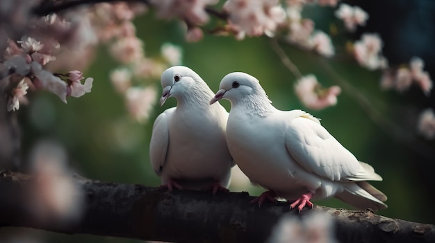 tow attractive romantic pigeons sitting together on a branch generative ai