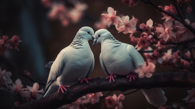 tow attractive romantic pigeons sitting together on a branch generative ai