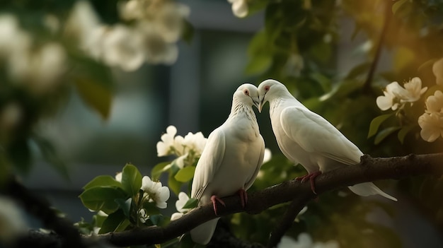 tow attractive romantic pigeons sitting together on a branch