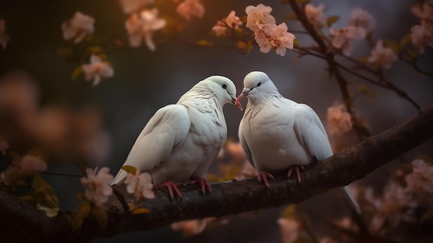 tow attractive romantic pigeons sitting together on a branch