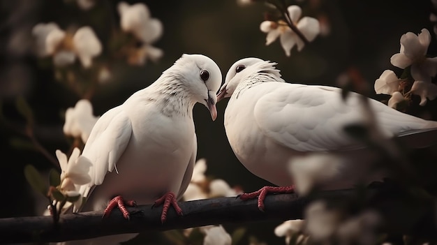 tow attractive romantic pigeons sitting together on a branch