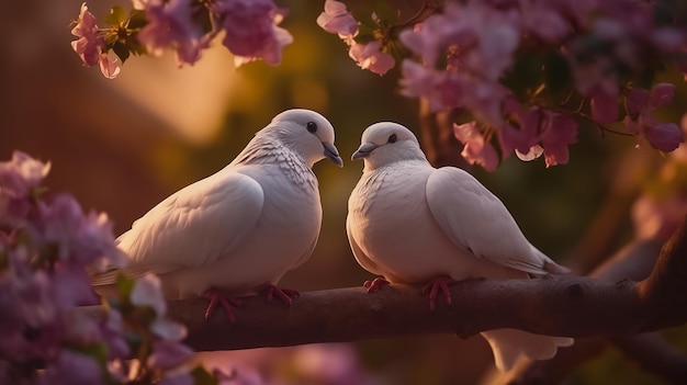 tow attractive romantic pigeons sitting together on a branch