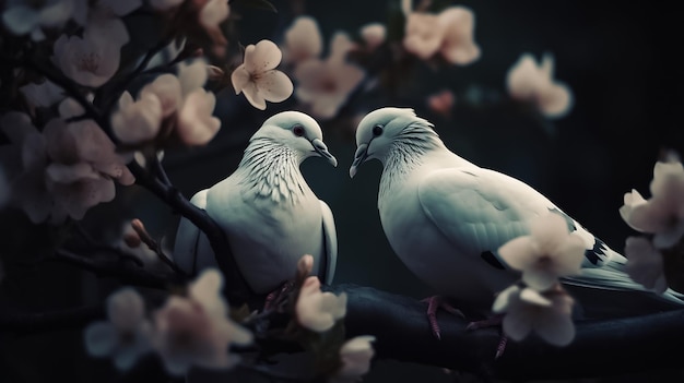 tow attractive romantic pigeons sitting together on a branch