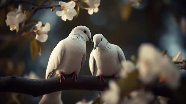 tow attractive romantic pigeons sitting together on a branch