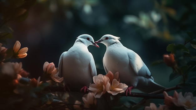 tow attractive romantic pigeons sitting together on a branch