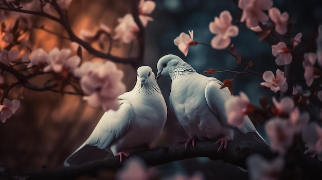 tow attractive romantic pigeons sitting together on a branch