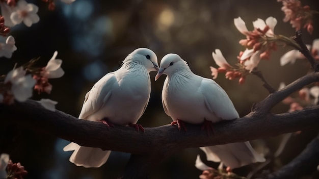 tow attractive romantic pigeons sitting together on a branch