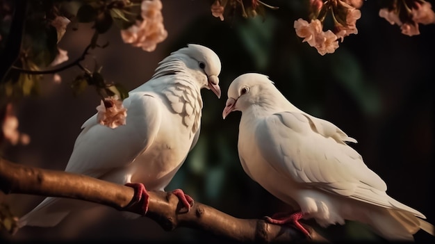 tow attractive romantic pigeons sitting together on a branch