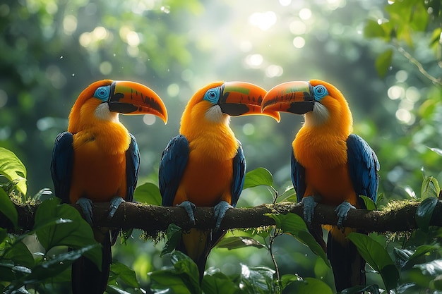 Tow toco toucan playing with family in the Brazil beautiful background