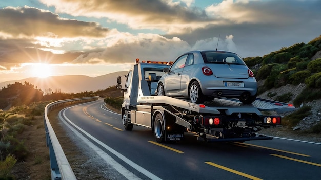 Tow truck transporter carrying car on the road in slovenia