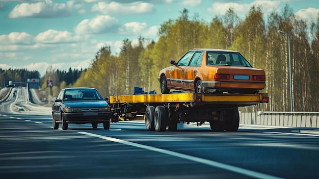 Photo tow truck with a broken car on a road tow truck transporting car on the highway