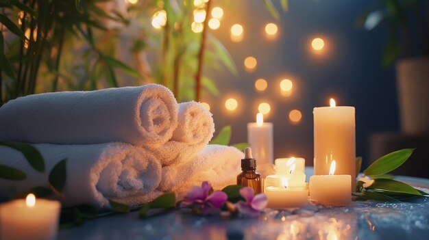 a towel and candles on a table with a candle and flowers in the background