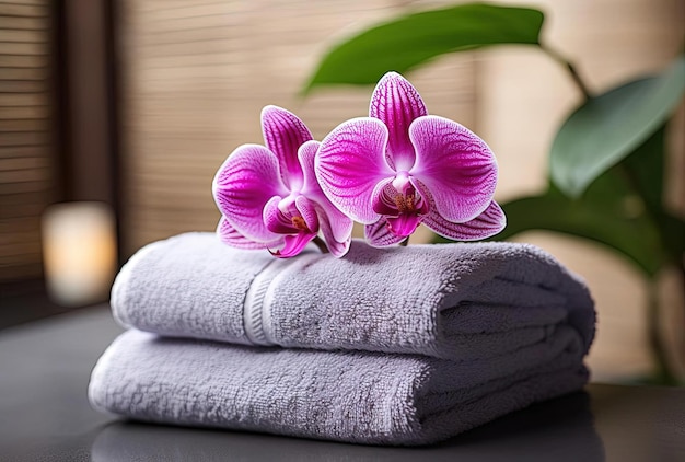 a towel is next to a and a orchid in the style of use of traditional japanese artistic techniques