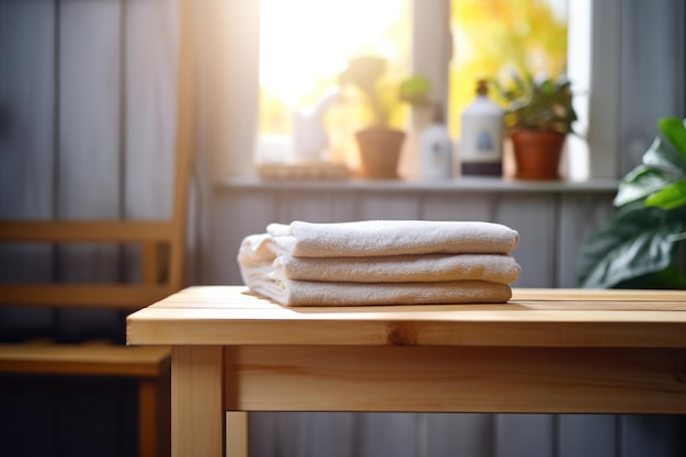 Towel on a wooden bench at the laundry room