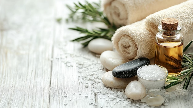 Photo a towel on a wooden table with a pine branch on it