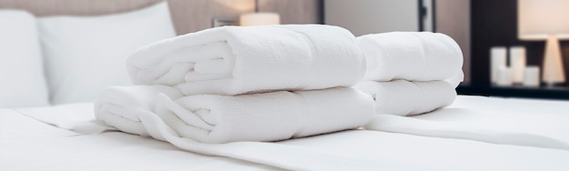 Towels on the bed in white color in the hotel room Generative AI