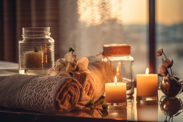 Towels and candles arranged on a table with a serene view of nature outside the window Generative AI