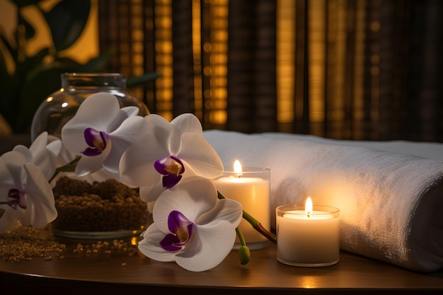 Photo towels candles flowers and a wooden table spa set