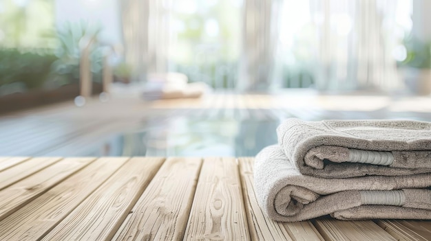 Towels neatly arranged on a wooden table with a softly blurred background