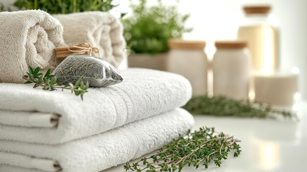 Towels with herbal bags and beauty treatment items setting in spa center in white room