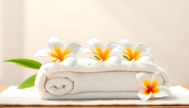 Towels with white frangipani flowers in spa isolated with white highlights