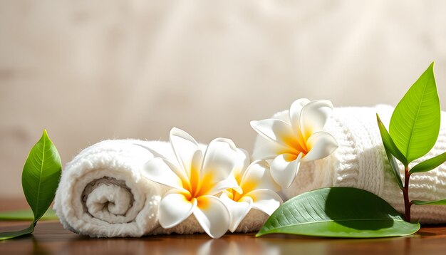 Towels with white frangipani flowers in spa isolated with white highlights