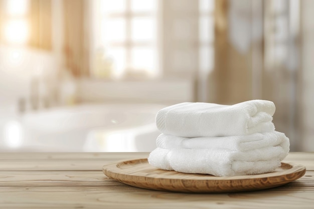 Towels on wood plate with copy space blurred bathroom background For product display montage