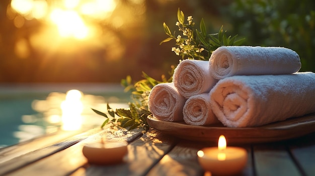 towels on a wooden table with a candle in the background