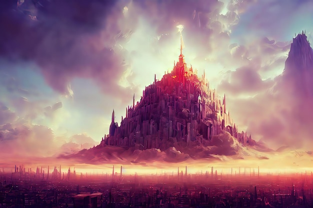 Tower of Babel as religion concept Digital art style illustration painting