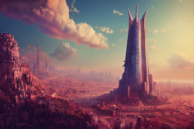 Tower of Babel as religion concept Digital art style illustration painting