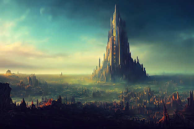 Tower of Babel as religion concept Digital art style illustration painting