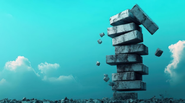 A tower built with unstable blocks represents the precarious nature of business ventures and the looming threat of failure