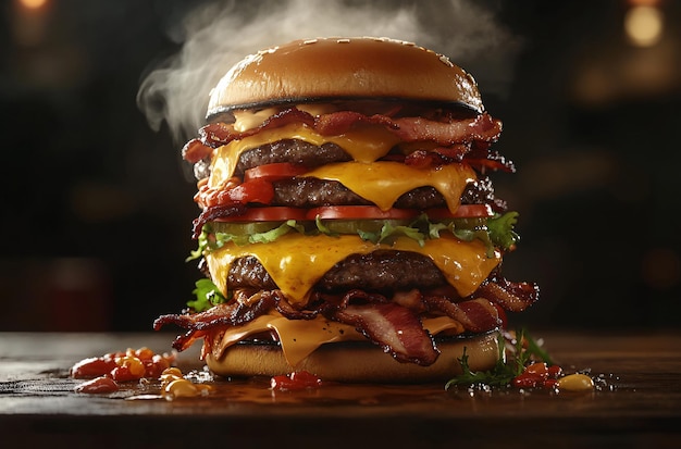 Tower of Burgers with Melted Cheese and Bacon