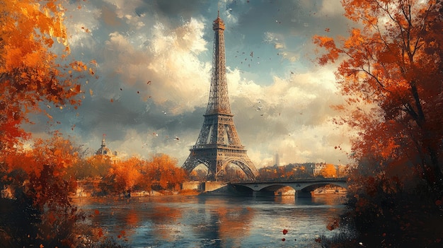 tower by the river with autumn leaves