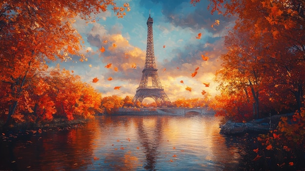 tower by the river with autumn leaves