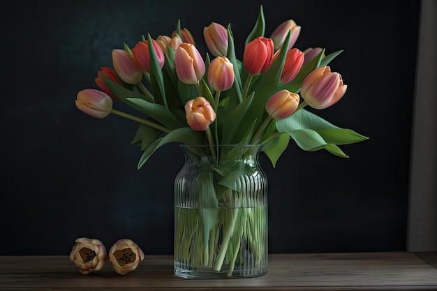 Tower of delicate spring tulips in a vase