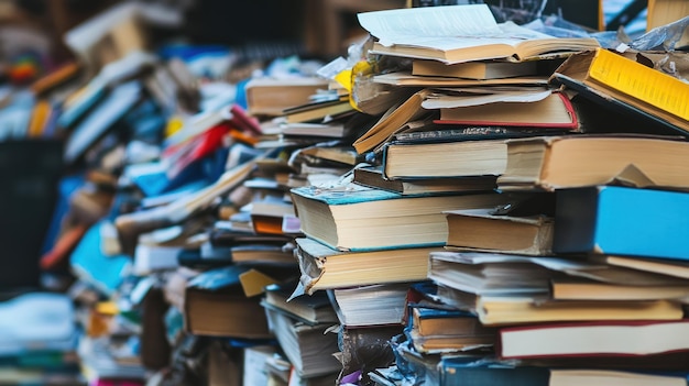 Photo a tower of knowledge a stack of used books