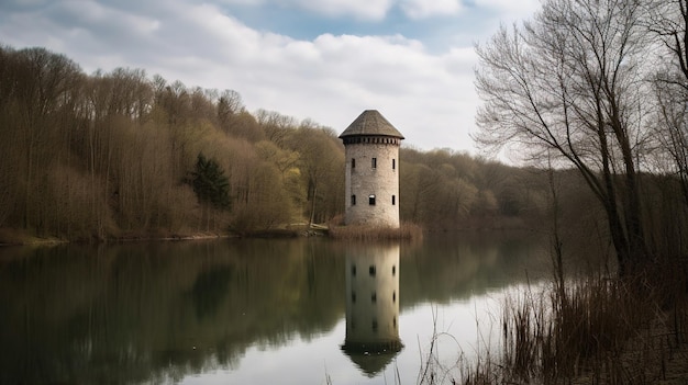 A tower on the lake in the forest